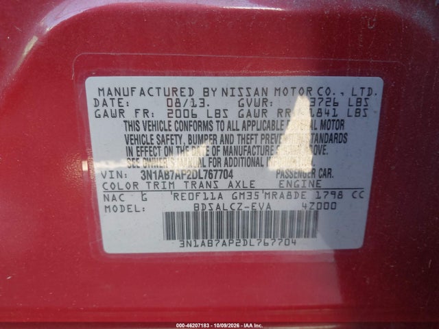 Продажа на аукционе авто 2013 Nissan Sentra S, vin: 3N1AB7AP2DL767704, номер лота: 46207183