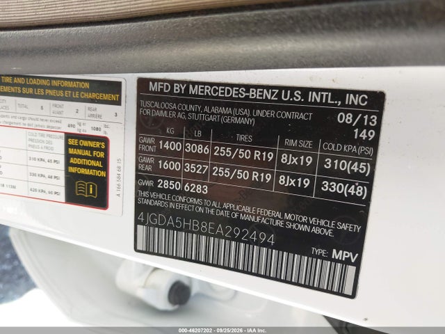 46207202 :رقم المزاد ، 4JGDA5HB8EA292494 vin ، 2014 Mercedes-benz M-class Ml 350 مزاد بيع