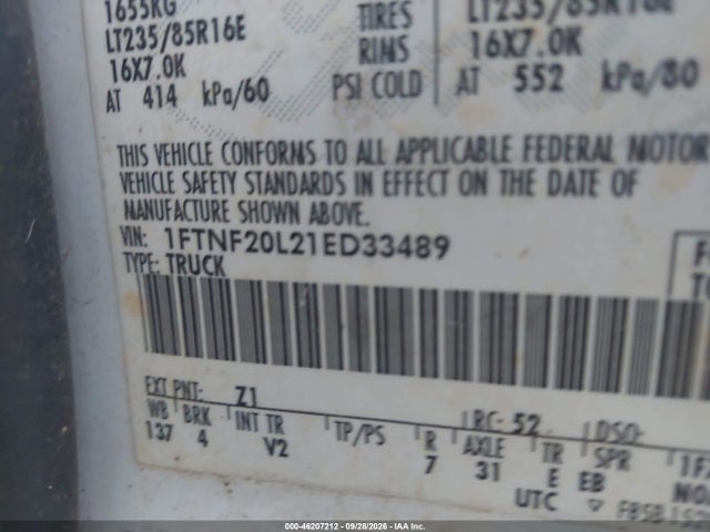 46207212 :رقم المزاد ، 1FTNF20L21ED33489 vin ، 2001 Ford Super Duty F-250 Xl/xlt مزاد بيع
