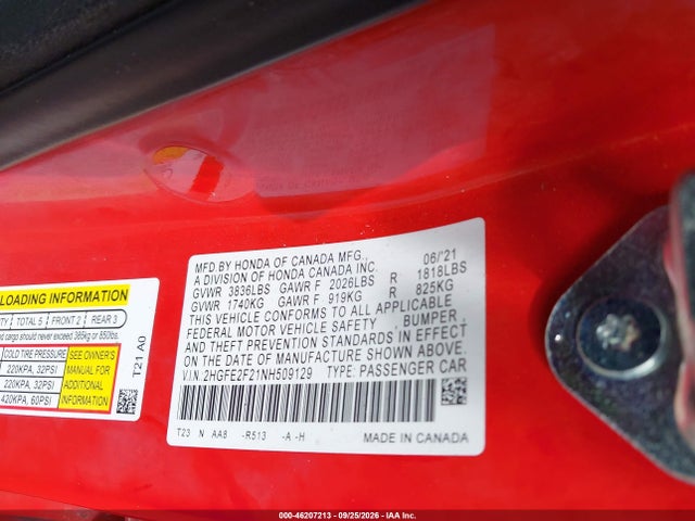Продажа на аукционе авто 2022 Honda Civic Lx, vin: 2HGFE2F21NH509129, номер лота: 46207213