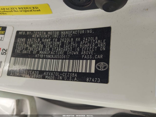 46207246 :رقم المزاد ، 4T1B11HK9JU500617 vin ، 2018 Toyota Camry Se مزاد بيع