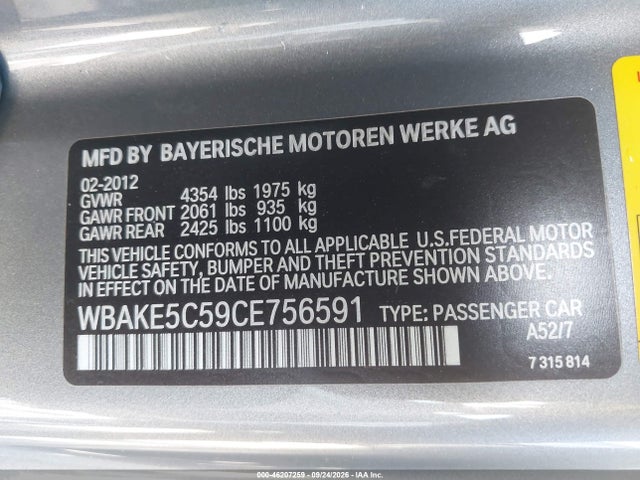 Продажа на аукционе авто 2012 Bmw 328i, vin: WBAKE5C59CE756591, номер лота: 46207259
