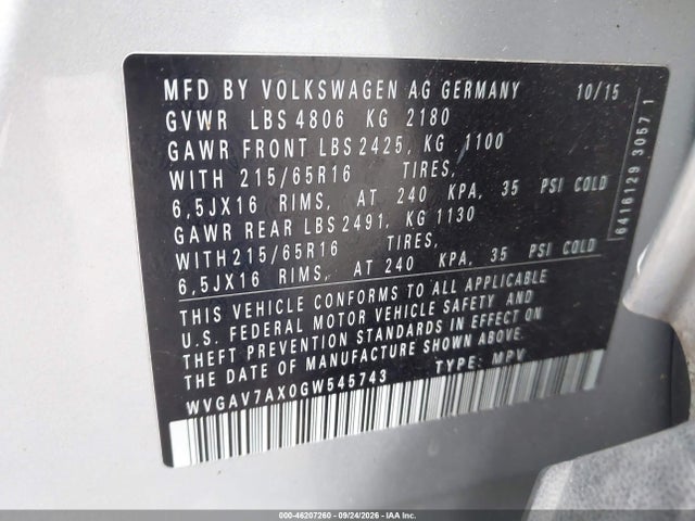 2016 Volkswagen Tiguan S მანქანა იყიდება აუქციონზე, vin: WVGAV7AX0GW545743, აუქციონის ნომერი: 46207260