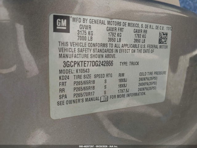 46207297 :رقم المزاد ، 3GCPKTE77DG242866 vin ، 2013 Chevrolet Silverado 1500 Ltz مزاد بيع