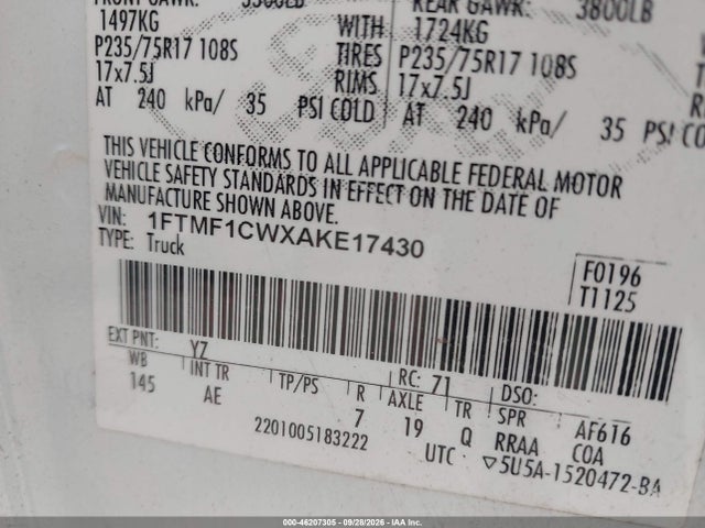 46207305 :رقم المزاد ، 1FTMF1CWXAKE17430 vin ، 2010 Ford F-150 Xl مزاد بيع