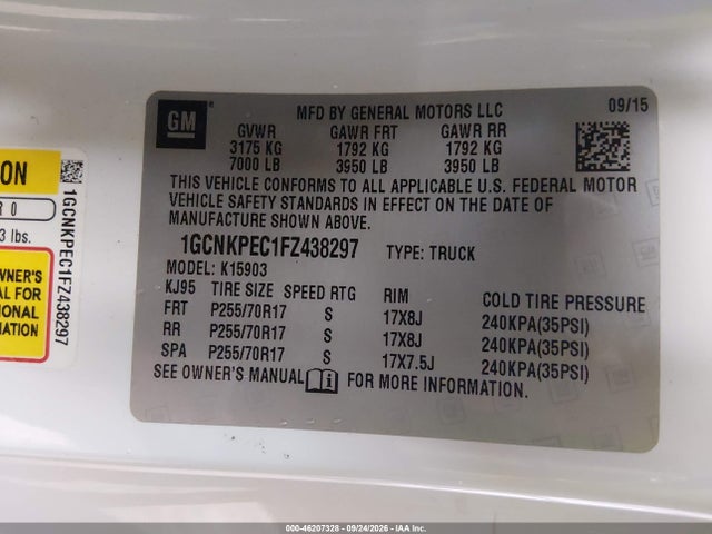 46207328 :رقم المزاد ، 1GCNKPEC1FZ438297 vin ، 2015 Chevrolet Silverado 1500 Work Truck مزاد بيع