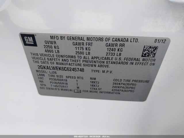 Продаж на аукціоні авто 2012 Gmc Terrain Slt-2, vin: 2GKALWEK6C6245748, номер лоту: 46207329