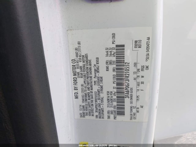 46207339 :رقم المزاد ، 3FA6P0G73FR210552 vin ، 2015 Ford Fusion S مزاد بيع
