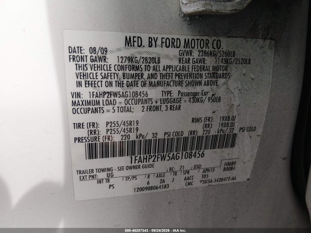 Aukcja sprzedaży 2010 Ford Taurus Limited, vin: 1FAHP2FW5AG108456, numer aukcji: 46207343