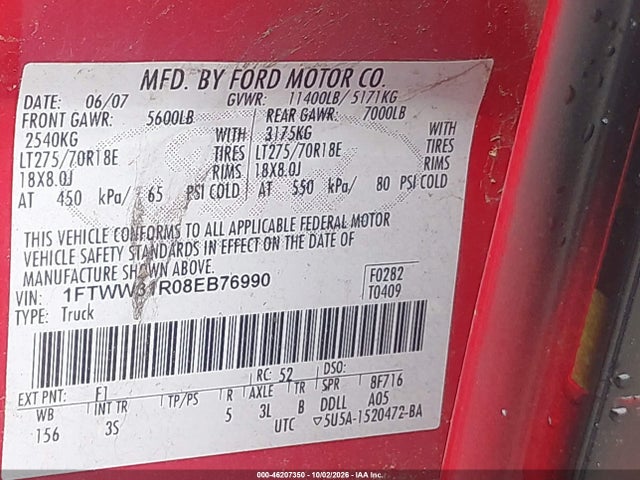 46207350 :رقم المزاد ، 1FTWW31R08EB76990 vin ، 2008 Ford Super Duty F-350 Srw Fx4/harley-davidson/king Ranch/lariat/xl/xlt مزاد بيع