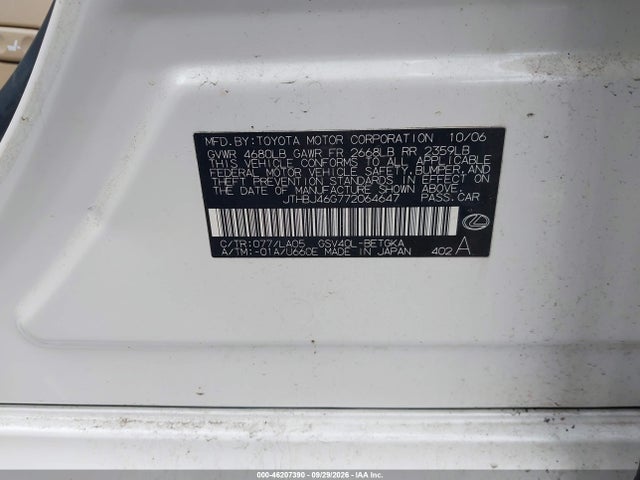 Aukcja sprzedaży 2007 Lexus Es 350, vin: JTHBJ46G772064647, numer aukcji: 46207390