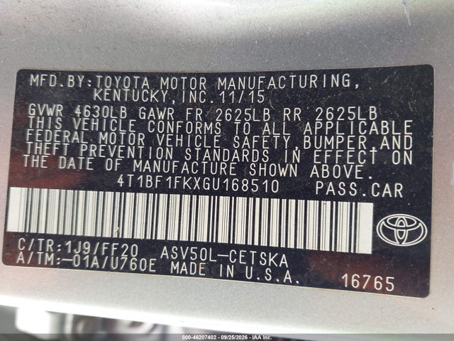 Aukcja sprzedaży 2016 Toyota Camry Se, vin: 4T1BF1FKXGU168510, numer aukcji: 46207402