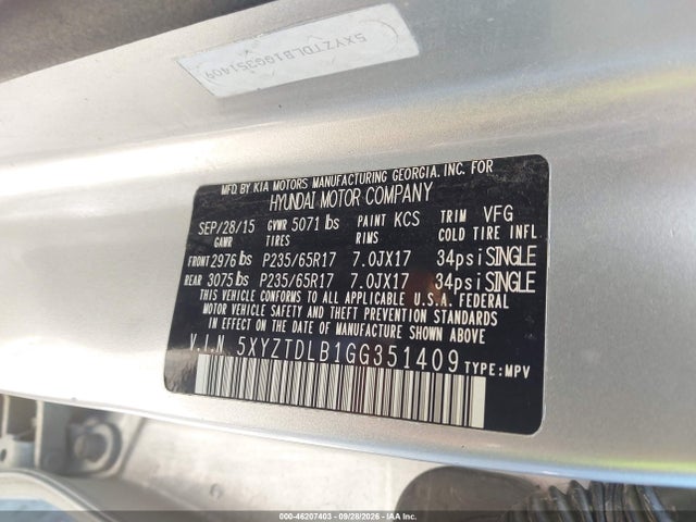 2016 Hyundai Santa Fe Sport 2.4l მანქანა იყიდება აუქციონზე, vin: 5XYZTDLB1GG351409, აუქციონის ნომერი: 46207403