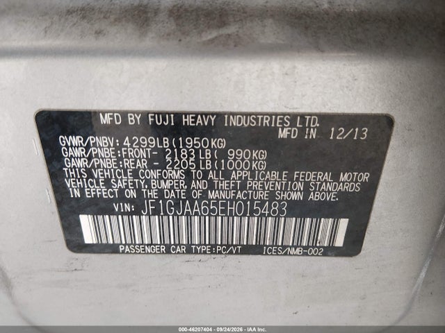 Продаж на аукціоні авто 2014 Subaru Impreza 2.0i, vin: JF1GJAA65EH015483, номер лоту: 46207404