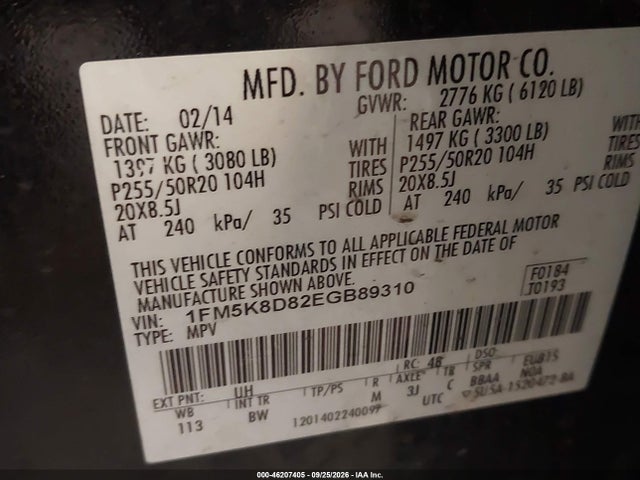46207405 :رقم المزاد ، 1FM5K8D82EGB89310 vin ، 2014 Ford Explorer Xlt مزاد بيع
