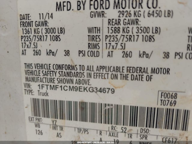 46207407 :رقم المزاد ، 1FTMF1CM9EKG34679 vin ، 2014 Ford F-150 Xl مزاد بيع