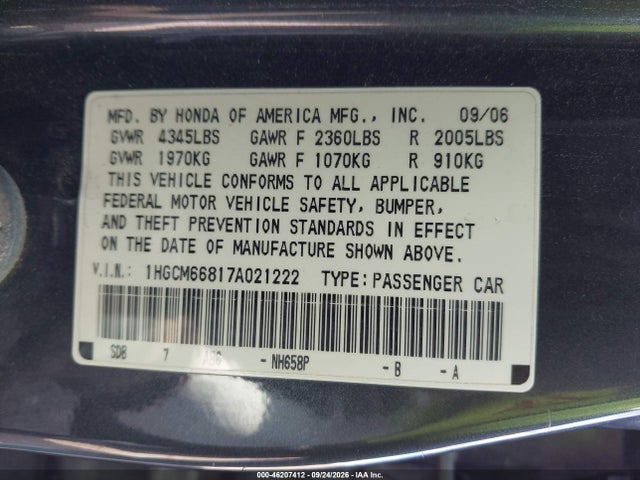 2007 Honda Accord 3.0 Ex მანქანა იყიდება აუქციონზე, vin: 1HGCM66817A021222, აუქციონის ნომერი: 46207412