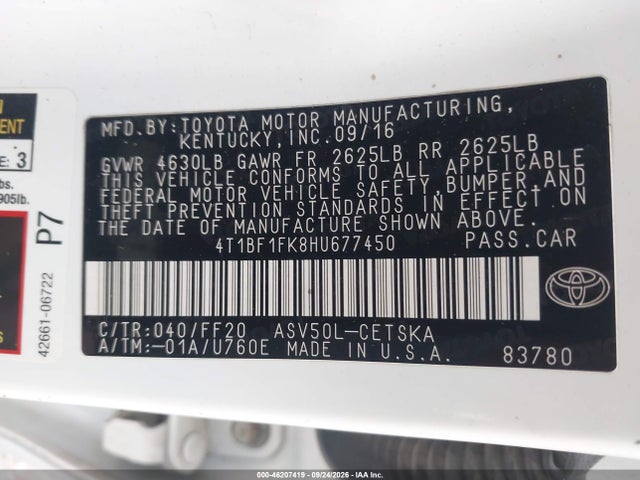 Продажа на аукционе авто 2017 Toyota Camry Se, vin: 4T1BF1FK8HU677450, номер лота: 46207419