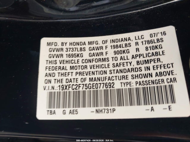 Продаж на аукціоні авто 2016 Honda Civic Ex, vin: 19XFC2F75GE077692, номер лоту: 46207428