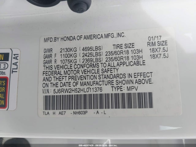 Продажа на аукционе авто 2017 Honda Cr-v Ex, vin: 5J6RW2H52HL011376, номер лота: 46207429