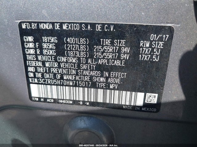46207448 :رقم المزاد ، 3CZRU5H70HM715017 vin ، 2017 Honda Hr-v Ex-l مزاد بيع