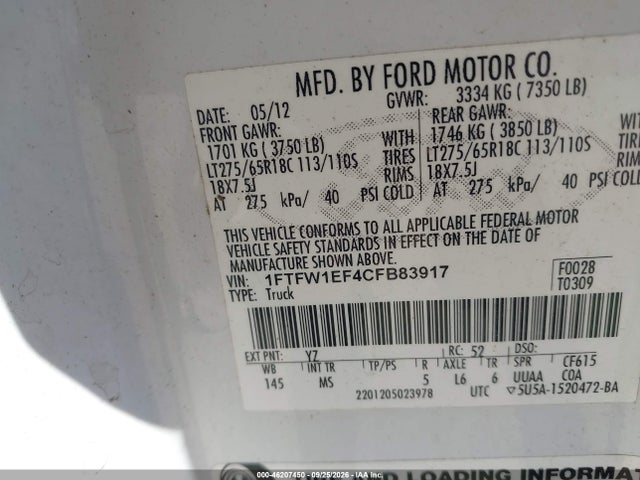 46207450 :رقم المزاد ، 1FTFW1EF4CFB83917 vin ، 2012 Ford F150 Supercrew مزاد بيع