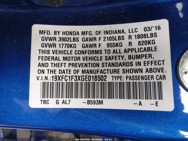 2016 Honda Civic Ex-t მანქანა იყიდება აუქციონზე, vin: 19XFC1F3XGE018502, აუქციონის ნომერი: 46207458