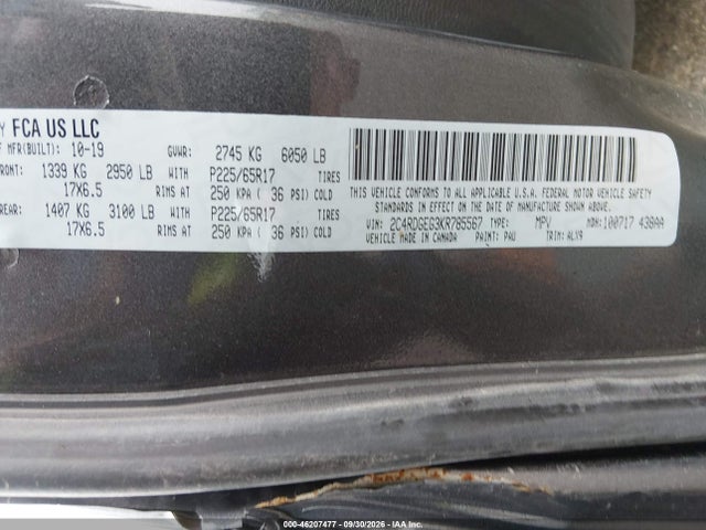 Aukcja sprzedaży 2019 Dodge Grand Caravan Gt, vin: 2C4RDGEG3KR785567, numer aukcji: 46207477