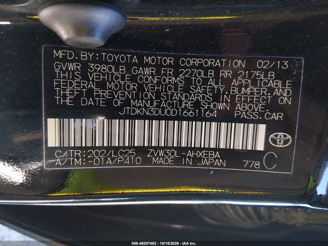 46207482 :رقم المزاد ، JTDKN3DU0D1661164 vin ، 2013 Toyota Prius Three Se مزاد بيع