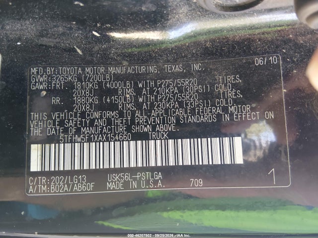 Продаж на аукціоні авто 2010 Toyota Tundra Limited 5.7l V8, vin: 5TFHW5F1XAX154660, номер лоту: 46207502
