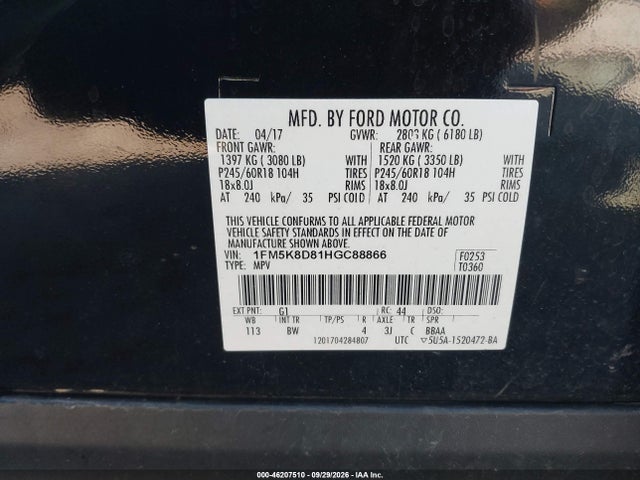 Продажа на аукционе авто 2017 Ford Explorer Xlt, vin: 1FM5K8D81HGC88866, номер лота: 46207510