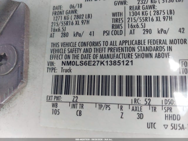 46207539 :رقم المزاد ، NM0LS6E27K1385121 vin ، 2019 Ford Transit Connect Xl مزاد بيع