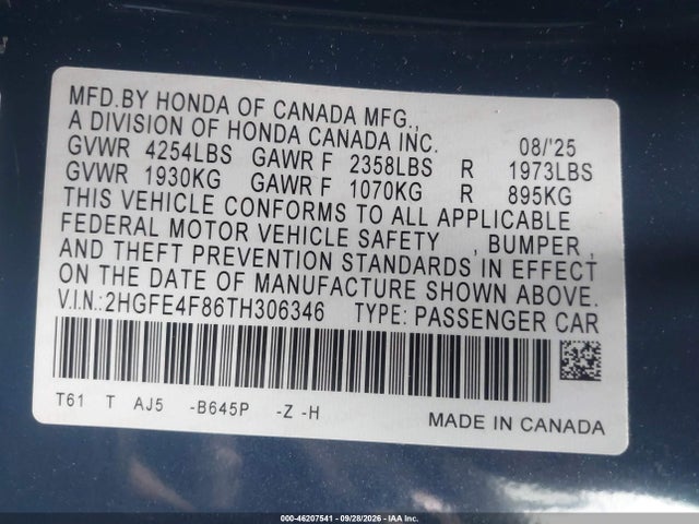 Aukcja sprzedaży 2026 Honda Civic Hybrid Sport/sport Touring, vin: 2HGFE4F86TH306346, numer aukcji: 46207541