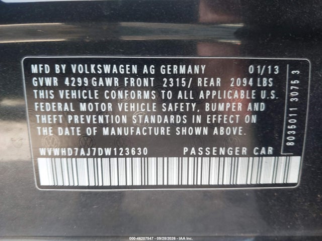 46207547 :رقم المزاد ، WVWHD7AJ7DW123630 vin ، 2013 Volkswagen Gti Sunroof   Navi مزاد بيع