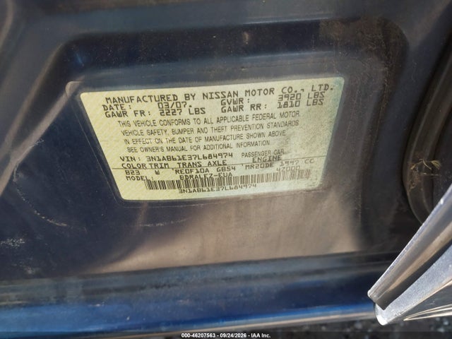 Продажа на аукционе авто 2007 Nissan Sentra 2.0 S, vin: 3N1AB61E37L684974, номер лота: 46207563