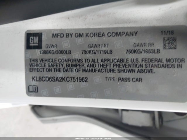 Aukcja sprzedaży 2019 Chevrolet Chispa 1lt Cvt, vin: KL8CD6SA2KC751962, numer aukcji: 46207571
