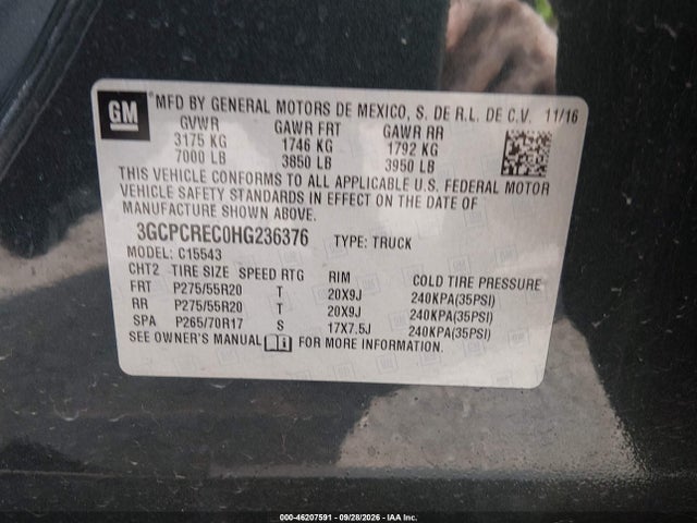 Aukcja sprzedaży 2017 Chevrolet Silverado 1500 1lt, vin: 3GCPCREC0HG236376, numer aukcji: 46207591