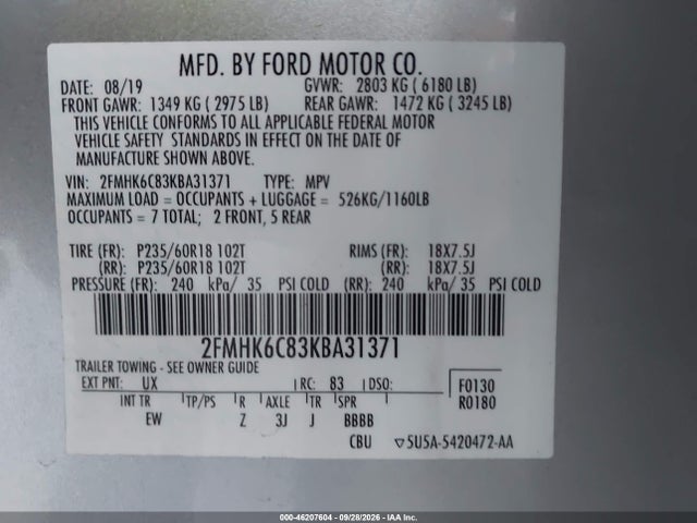46207604 :رقم المزاد ، 2FMHK6C83KBA31371 vin ، 2019 Ford Flexibilidad Sel مزاد بيع