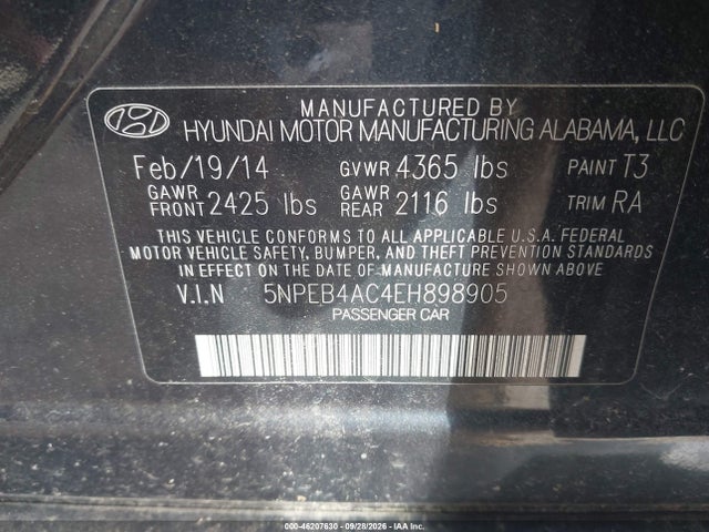 Продаж на аукціоні авто 2014 Hyundai Sonata Gls, vin: 5NPEB4AC4EH898905, номер лоту: 46207630