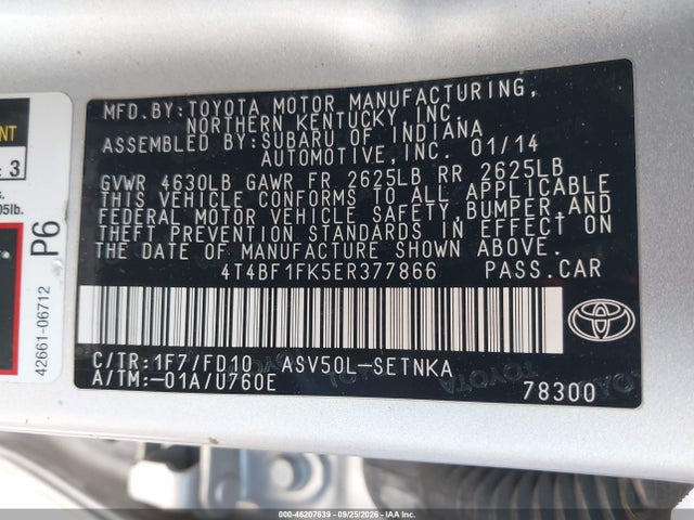 46207639 :رقم المزاد ، 4T4BF1FK5ER377866 vin ، 2014 Toyota Camry Le مزاد بيع