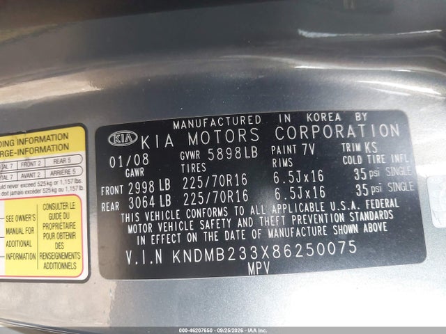 46207650 :رقم المزاد ، KNDMB233X86250075 vin ، 2008 Kia Sedona Lx مزاد بيع