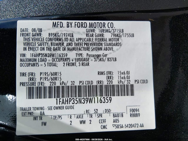 46207666 :رقم المزاد ، 1FAHP35N39W116359 vin ، 2009 Ford Focus Se مزاد بيع