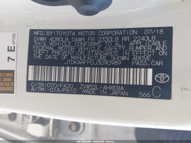 46207668 :رقم المزاد ، JTDKARFP0J3090989 vin ، 2018 Toyota Prius Prime Plus مزاد بيع