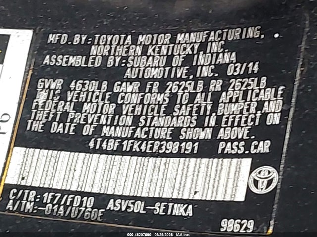 Продажа на аукционе авто 2014 Toyota Camry Le, vin: 4T4BF1FK4ER398191, номер лота: 46207690