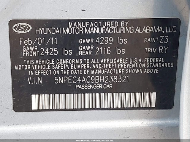 46207691 :رقم المزاد ، 5NPEC4AC9BH238321 vin ، 2011 Hyundai Sonata Se مزاد بيع