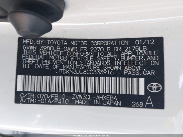 Aukcja sprzedaży 2012 Toyota Prius Two, vin: JTDKN3DU8C0333916, numer aukcji: 46207704