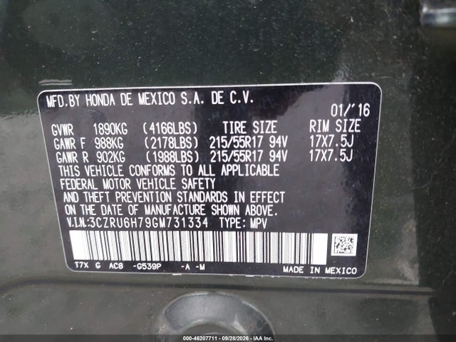 46207711 :رقم المزاد ، 3CZRU6H79GM731334 vin ، 2016 Honda Hr-v Ex-l W/navi مزاد بيع