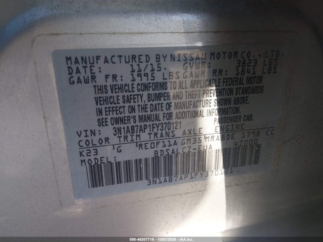Aukcja sprzedaży 2015 Nissan Sentra S, vin: 3N1AB7AP1FY370121, numer aukcji: 46207716