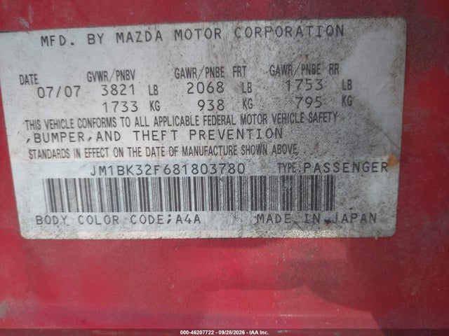 46207722 :رقم المزاد ، JM1BK32F681803780 vin ، 2008 Mazda Mazda3 I مزاد بيع