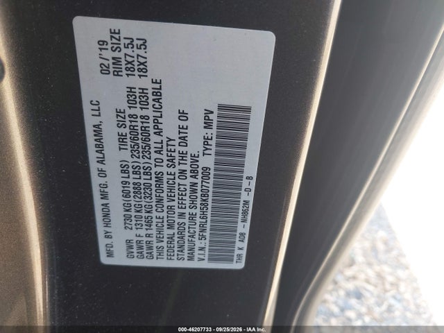 Honda ODYSSEY EX 2019 5FNRL6H58KB077009 Image 9